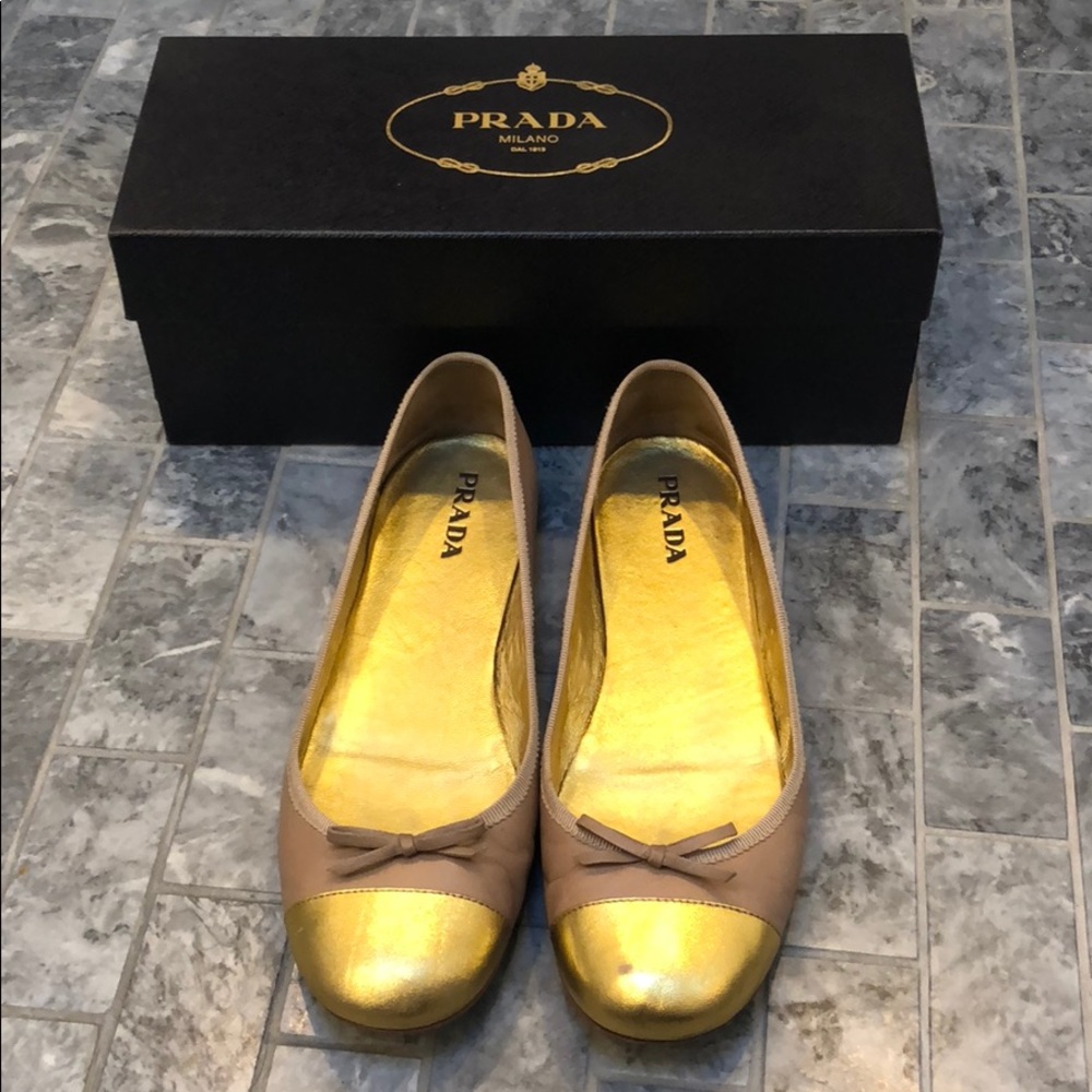Prada Gold & Tan Ballet Flats